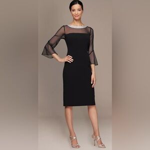 Alex Evenings Black Midi Dress with Sheer Sleeves Bling Collar 6P